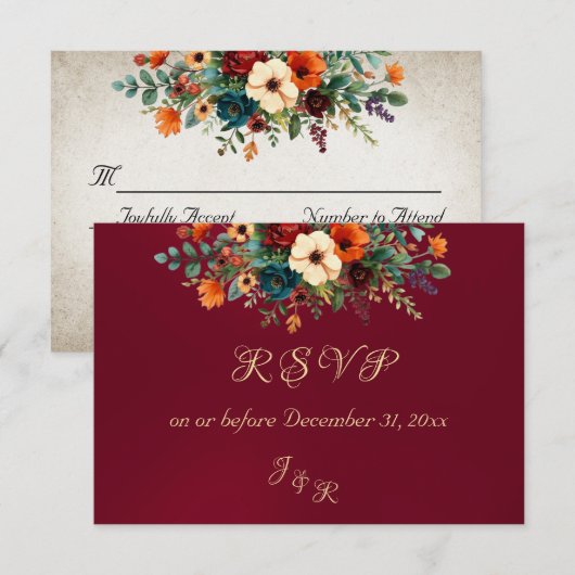 Autumn Floral & Wreath RSVP - Burgundy (正面/裏面)