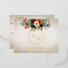 Autumn Floral & Wreath RSVP - Cream 箔招待状ポストカード