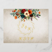 Autumn Floral & Wreath RSVP - Cream 箔招待状ポストカード (正面)