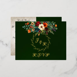 Autumn Floral & Wreath RSVP - Emerald 箔招待状ポストカード