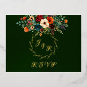 Autumn Floral & Wreath RSVP - Emerald 箔招待状ポストカード (正面)