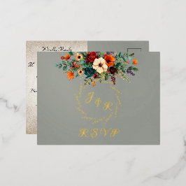 Autumn Floral & Wreath RSVP - Sage 箔招待状ポストカード