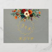 Autumn Floral & Wreath RSVP - Sage 箔招待状ポストカード (正面)