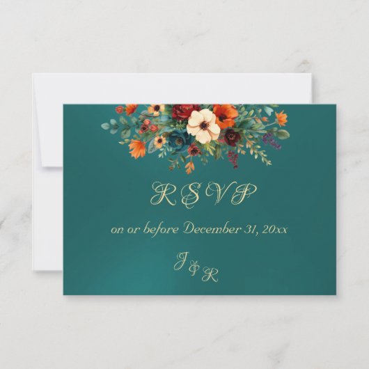 Autumn Floral & Wreath RSVP - Teal (正面)