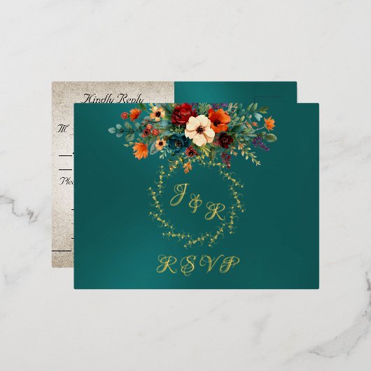 Autumn Floral & Wreath RSVP - Teal 箔招待状ポストカード (正面/裏面)
