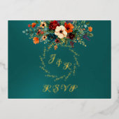 Autumn Floral & Wreath RSVP - Teal 箔招待状ポストカード (正面)