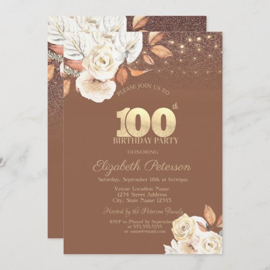 Autumn Flower Glitter Terracotta 100th 招待状 (正面/裏面)