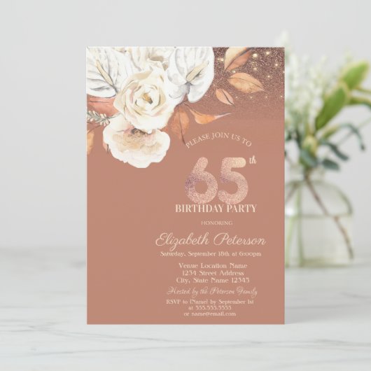 Autumn Flowers Lights Glitter 65th Birthday 招待状 (スタンド正面)