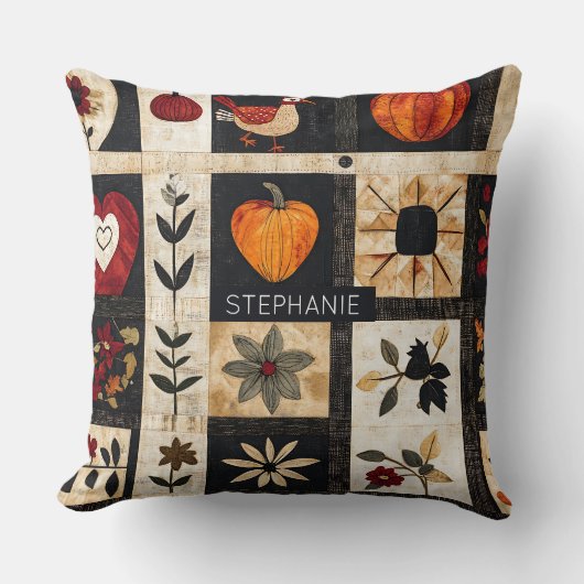 Autumn Folk Art Quilt Pattern | Rustic Botanical クッション (正面)