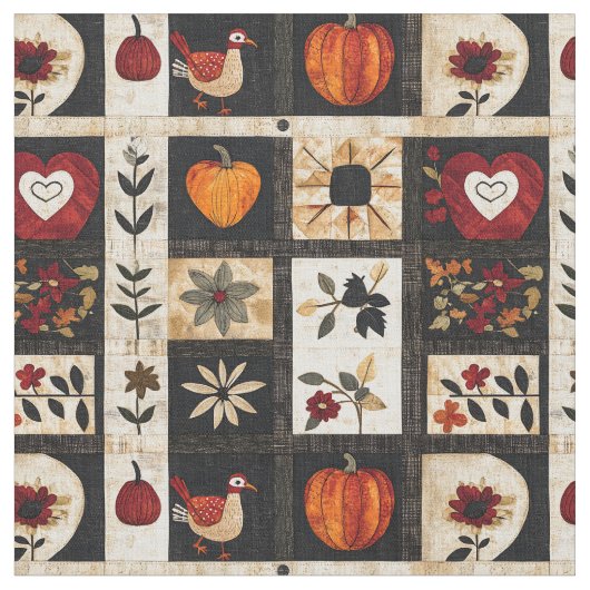 Autumn Folk Art Quilt Pattern | Rustic Botanical ファブリック (クローズアップ)