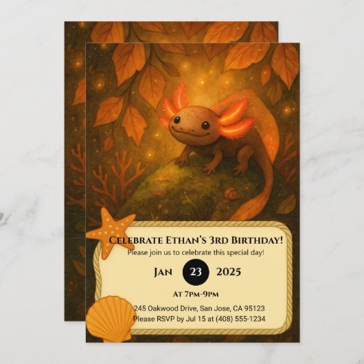 Autumn Forest Axolotl Birthday  招待状 (正面/裏面)