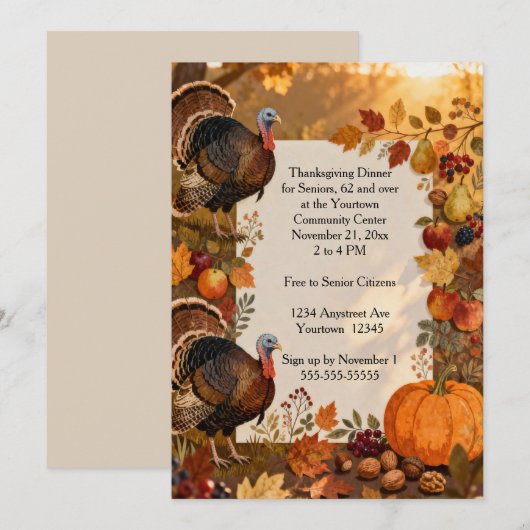 Autumn Fruits with Turkeys Thanksgiving 招待状 (正面/裏面)