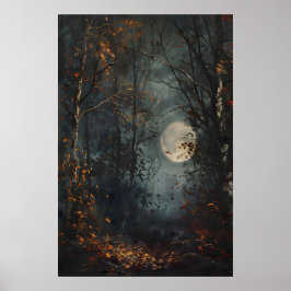 Autumn Full Moon Dark Forest Art Print, Dark Cotta ポスター