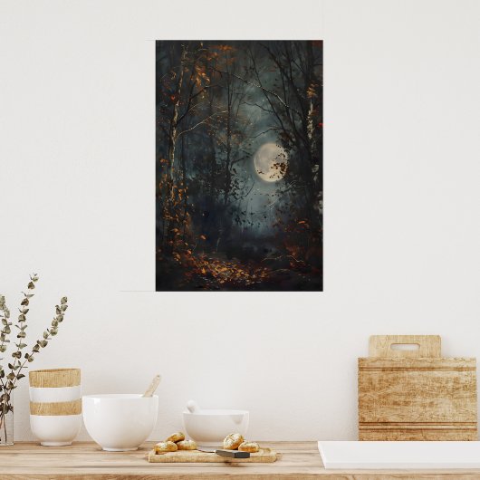 Autumn Full Moon Dark Forest Art Print, Dark Cotta ポスター (キッチン)