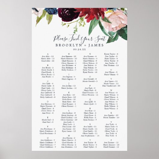 Autumn Garden Burgundy Alphabetical Seating Chart ポスター (正面)