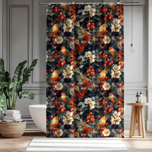 Autumn Garden Curtain Birds Flowers for Their Bath シャワーカーテン