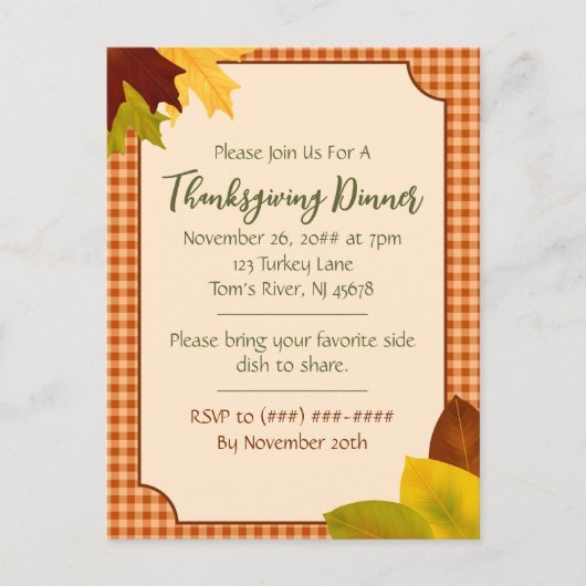 Autumn Gingham Thanksgiving Dinner Invitation ポストカード (正面)