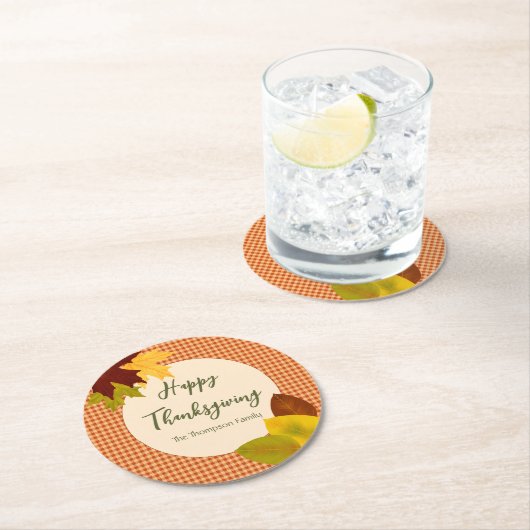 Autumn Gingham Thanksgiving Paper Coaster ラウンドペーパーコースター (インサイチュ)