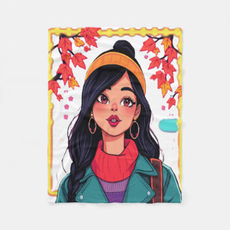 Autumn Girl Art Fleece Blanket – Cozy & Colorful H フリースブランケット