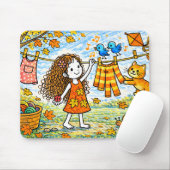 Autumn Girl Cat Clothesline Mouse Pad マウスパッド (マウス)