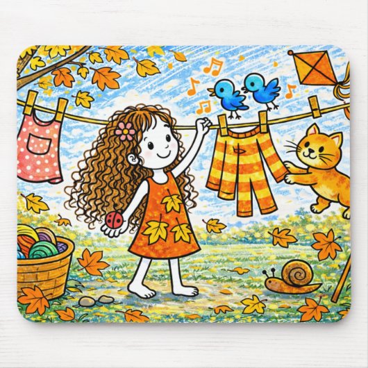 Autumn Girl Cat Clothesline Mouse Pad マウスパッド (正面)