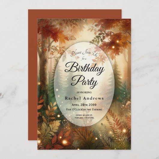 Autumn Glow in the Enchanted Forest Birthday 招待状 (正面/裏面)