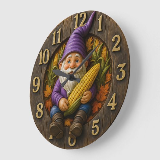 Autumn Gnome Clock with Corn and Leaves ラージ壁時計 (傾斜)