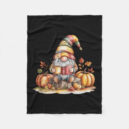 Autumn Gnome Reading Book With Pumpkins Fall Tank フリースブランケット (正面)