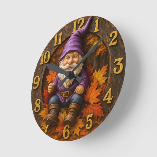 Autumn gnome with maple leaves rustic ラウンド壁時計 (傾斜)