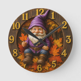 Autumn gnome with maple leaves rustic ラウンド壁時計