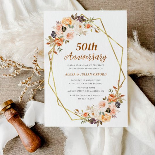 autumn gold blush floral 50th wedding anniversary 招待状