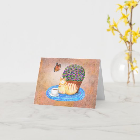 Autumn Greeting Cat and Monarch Butterfly Serene カード (黄色い花)