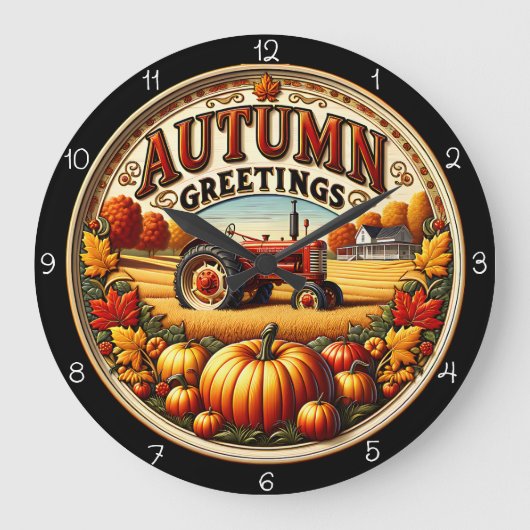 Autumn Greetings Tractor  ラージ壁時計 (正面)