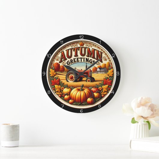 Autumn Greetings Tractor Pumpkin Farm ラージ壁時計 (ホーム)