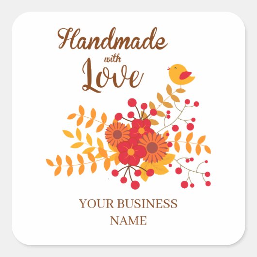 Autumn Handmade With Love With Branches & Bird スクエアシール (正面)