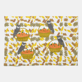 Autumn Harvest Owl & Pumpkin Kitchen Towel  キッチンタオル