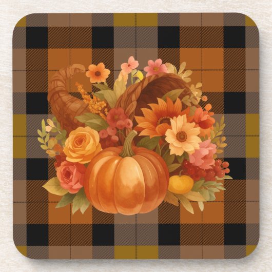 Autumn Harvest Plaid And Cornucopia  コースター (正面)
