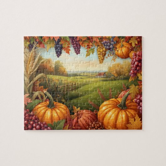Autumn Harvest Pumpkin Grape Farm Landscape ジグソーパズル (横)
