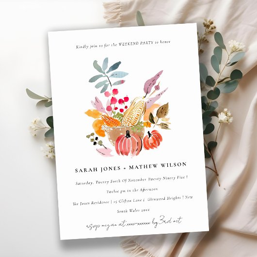 Autumn Harvest Pumpkin Watercolor Weekend Party 招待状