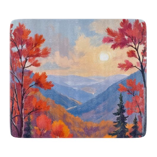 Autumn Hills | 秋の葉 紅葉 水彩画 カッティングボード (正面)