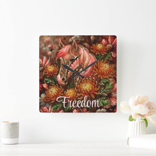 Autumn Horse Floral Chrysanthemums Personalized スクエア壁時計 (ホーム)