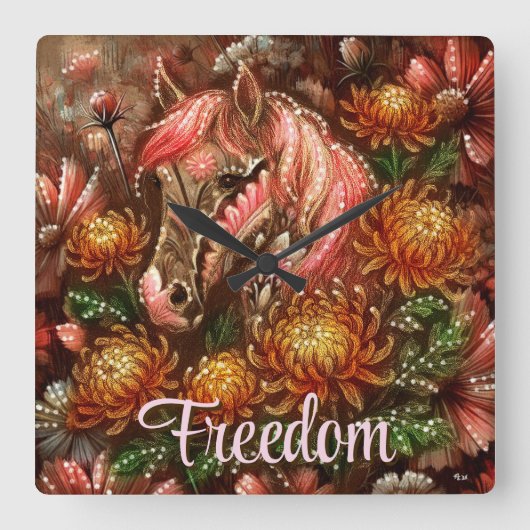 Autumn Horse Floral Chrysanthemums Personalized スクエア壁時計 (正面)