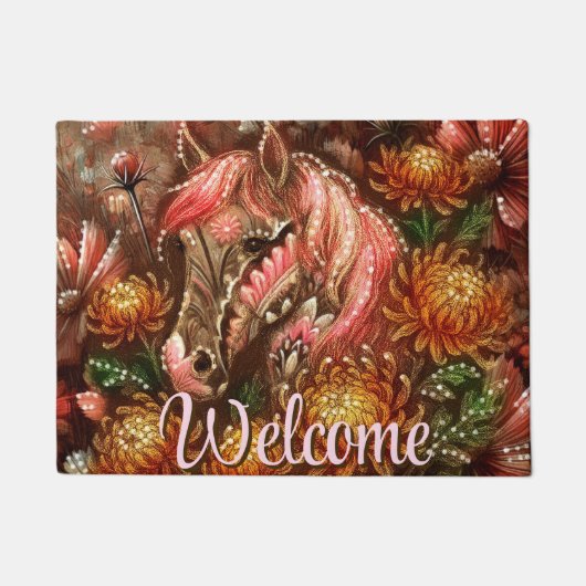 Autumn Horse Floral Chrysanthemums Personalized ドアマット (正面)