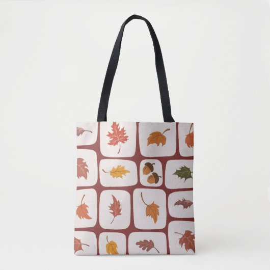 Autumn Leaves & Acorns Grid Pattern Tote Bag トートバッグ (正面)