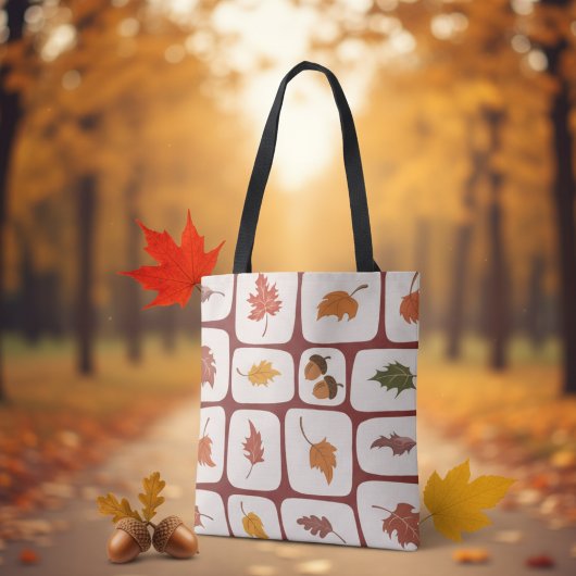 Autumn Leaves & Acorns Grid Pattern Tote Bag トートバッグ