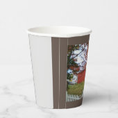 Autumn leaves and a sweet red barn on a mug. coffe 紙コップ (右)