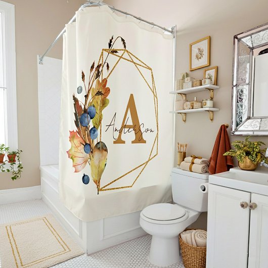 Autumn leaves and gold frame personalized  シャワーカーテン