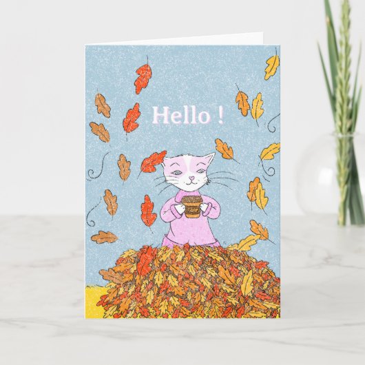 Autumn Leaves and Graceful Cat Blank Greeting Card カード (正面)