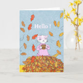 Autumn Leaves and Graceful Cat Blank Greeting Card カード (黄色い花)