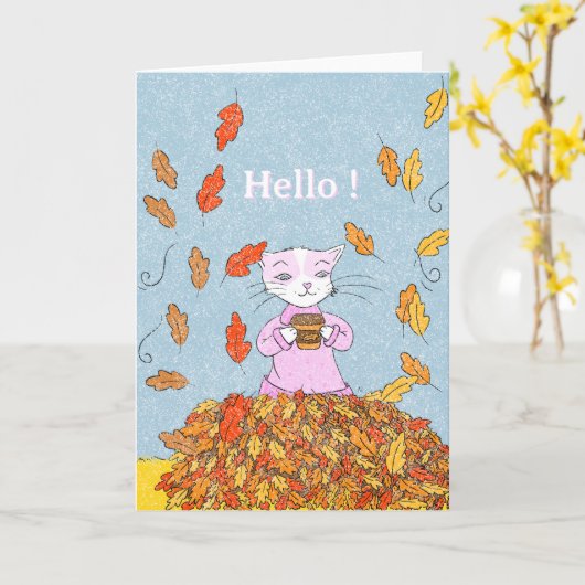 Autumn Leaves and Graceful Cat Blank Greeting Card カード (黄色い花)